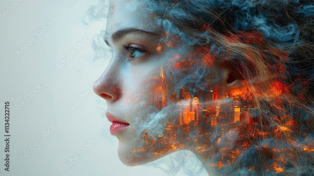 Fototapeta premium Abstract portrait of a woman with fiery overlay