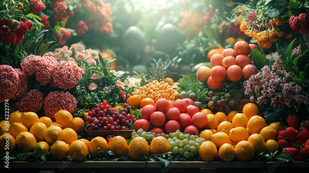 Abundant fruit and flowers at a farmer's market Abundant fruit and flowers at a farmer's market