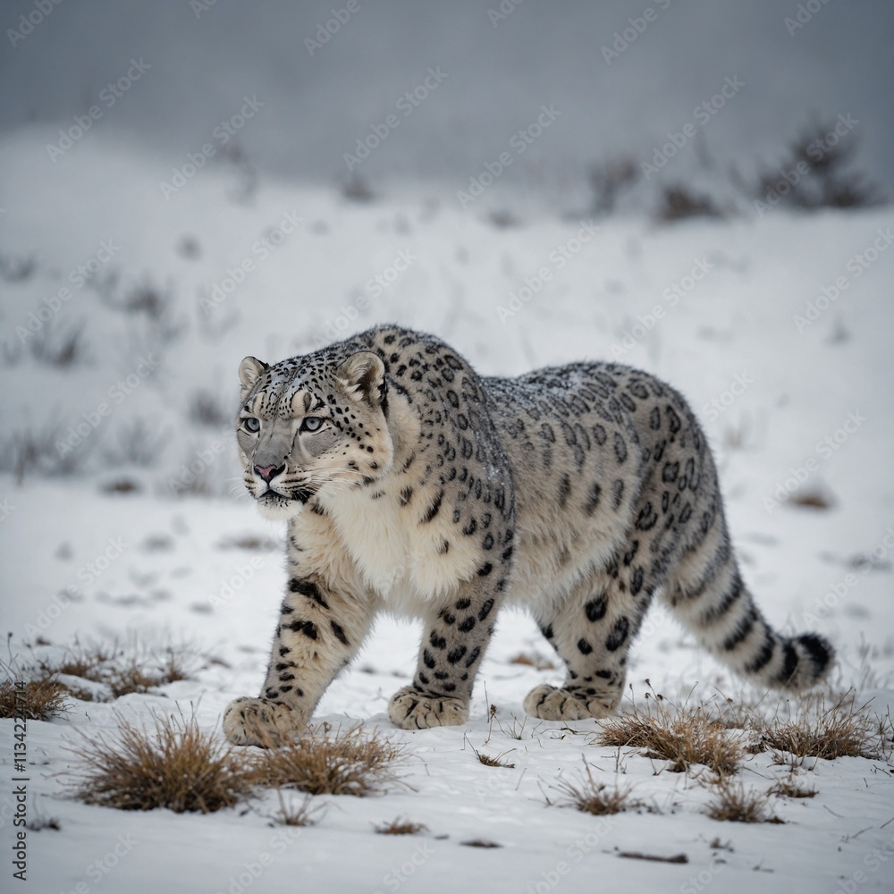 A stunning snow leopard prowling on a clean background. A stunning snow leopard prowling on a clean background.
