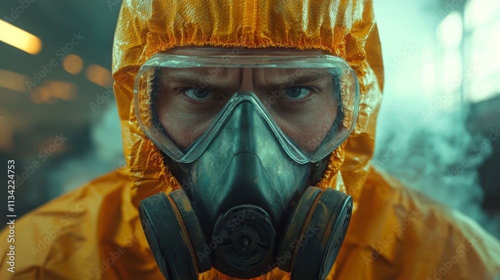 Person in a hazmat suit with glowing vibrant lighting Person in a hazmat suit with glowing vibrant lighting