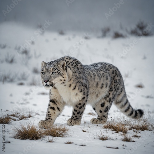 A stunning snow leopard prowling on a clean background.