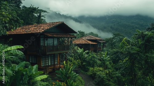 Traditional Bribri houses in lush Costa Rican rainforest under gloomy skies, surrounded by greenery.