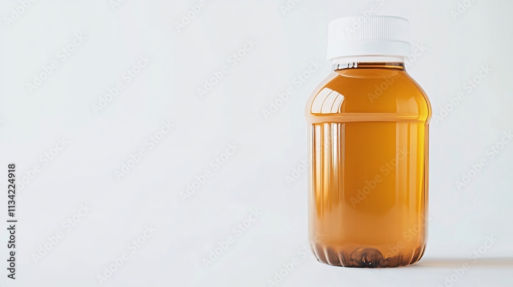 A clear, amber-colored bottle with a white cap sits against a light background, suggesting a pharmaceutical or nutritional product inside. A clear, amber-colored bottle with a white cap sits against a light background, suggesting a pharmaceutical or nutritional product inside.