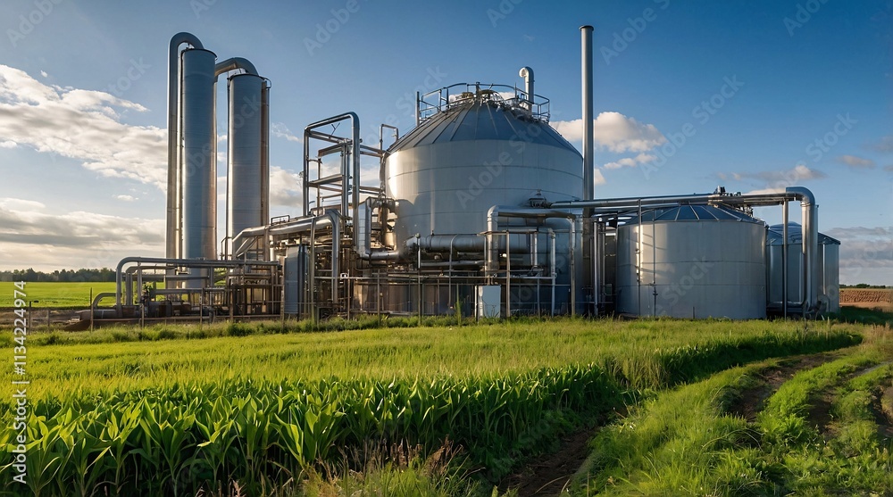 Modern biogas installation showcases innovative energy solutions amid lush green fields and blue skies at dusk Modern biogas installation showcases innovative energy solutions amid lush green fields and blue skies at dusk