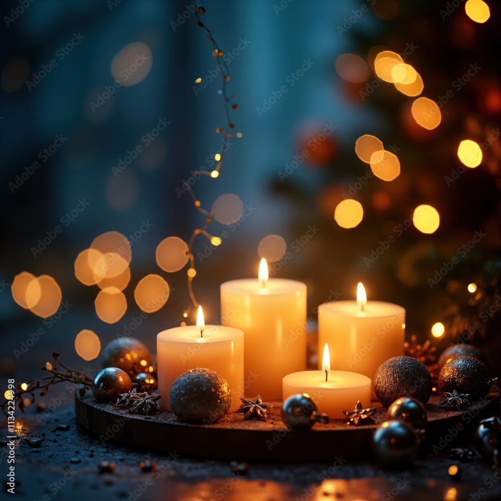 Four candles glow warmly on dark wooden tray. Silver ornaments and star anise decorate the tray. Golden bokeh lights up deep blue background. Christmasy peaceful scene. Indoor setting.