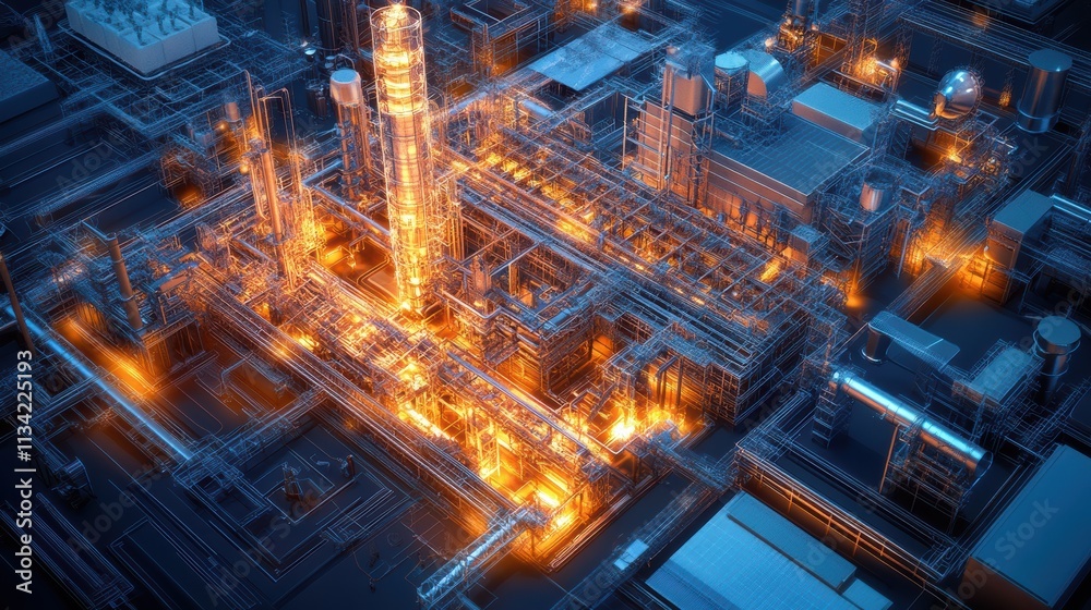 Obraz premium Futuristic Deconstructed Factory with Glowing Nanotech Grids