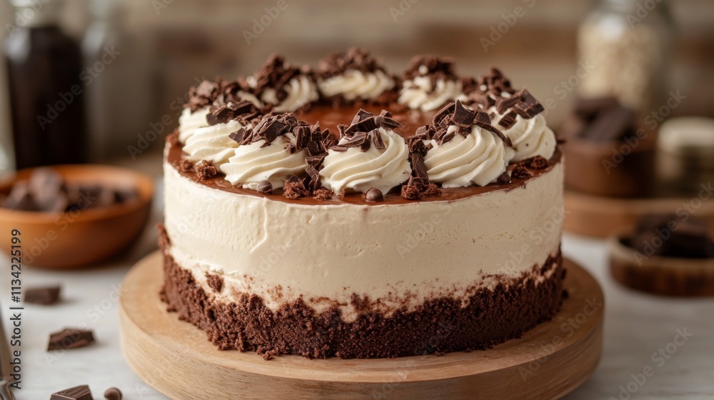 Chocolate cake with whipped cream and chocolate shavings on a plate Chocolate cake with whipped cream and chocolate shavings on a plate