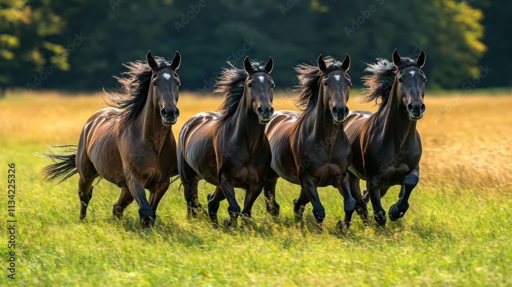 Four brown horses running in a field. Four brown horses running in a field.