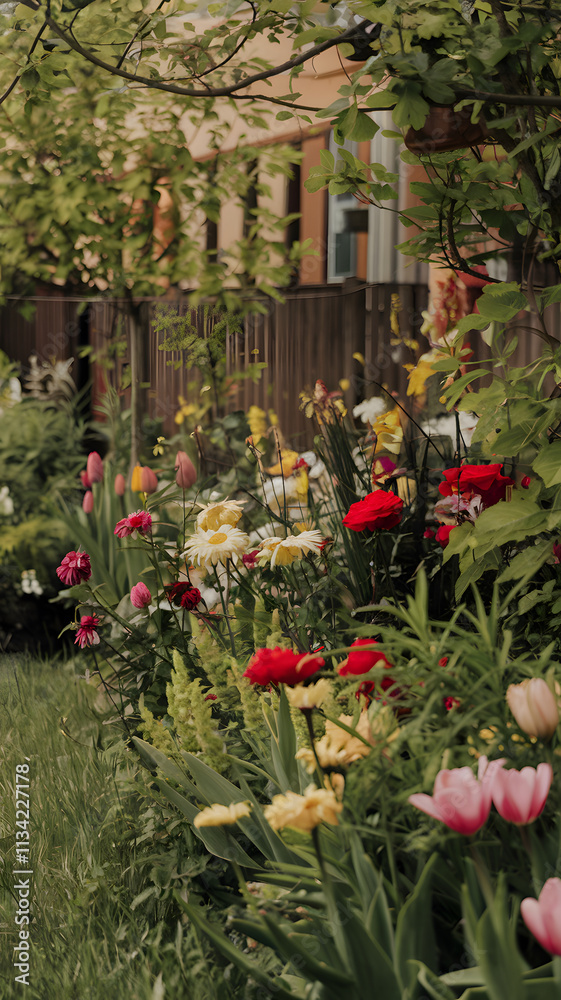 Fototapeta premium A vibrant garden with various colorful flowers, including red, yellow, and orange blooms, surrounded by lush green foliage.