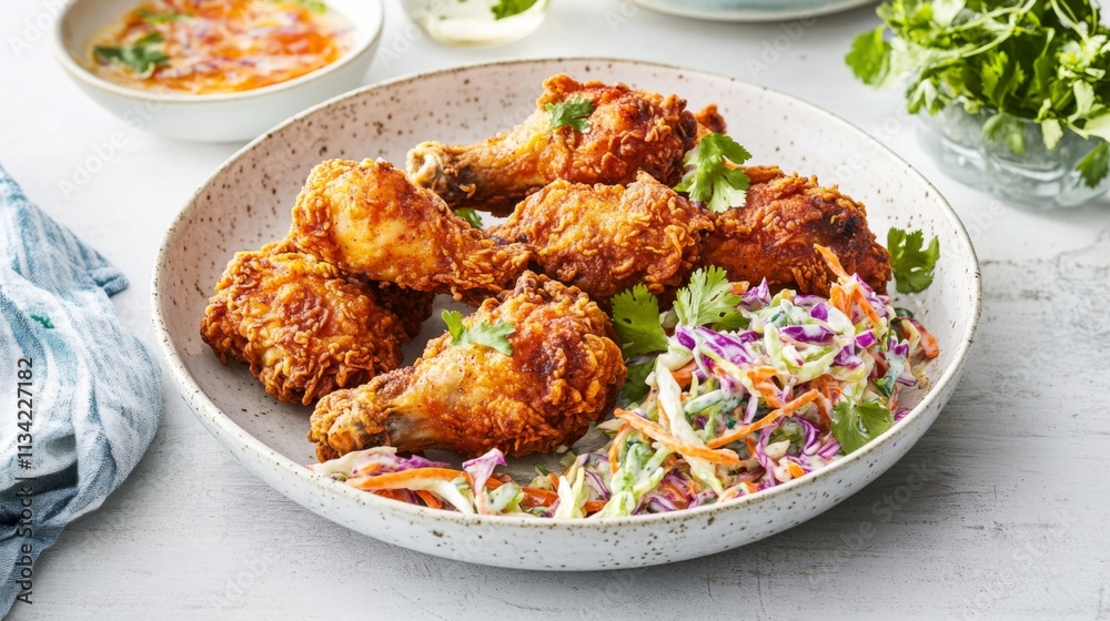 Crispy Fried Chicken Wings Served with Colorful Coleslaw Dish Crispy Fried Chicken Wings Served with Colorful Coleslaw Dish