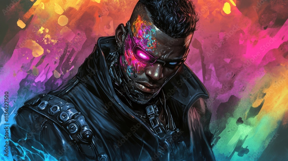 A dynamic portrait of a cyberpunk character with a half-metal faceplate, vibrant glowing tattoos, and a sleek coat reflecting the neon-drenched city behind them A dynamic portrait of a cyberpunk character with a half-metal faceplate, vibrant glowing tattoos, and a sleek coat reflecting the neon-drenched city behind them