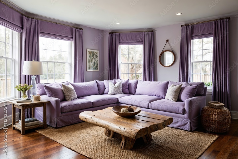 Fototapeta premium Inviting Living Room Inspiration with Soft Lavender Decor Wraparound Sofa and Driftwood Coffee Table