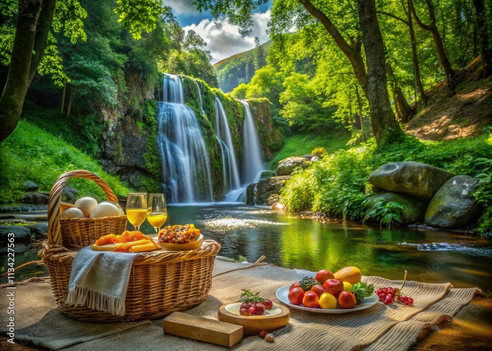 Fototapeta premium Gourmet picnic amidst Deep Forest Waterfall's cascading beauty; exquisite food photography.