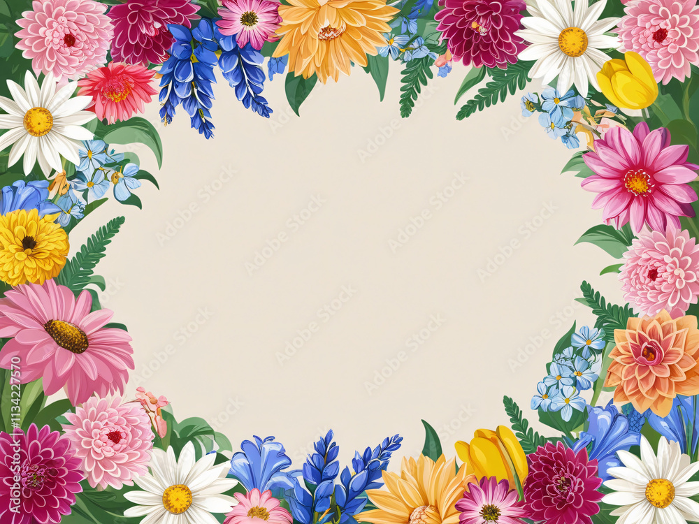 Obraz premium Vibrant floral border showcasing a mix of daisies, tulips, and other blooms in diverse colors, creating a cheerful, inviting frame for messages or invitations.