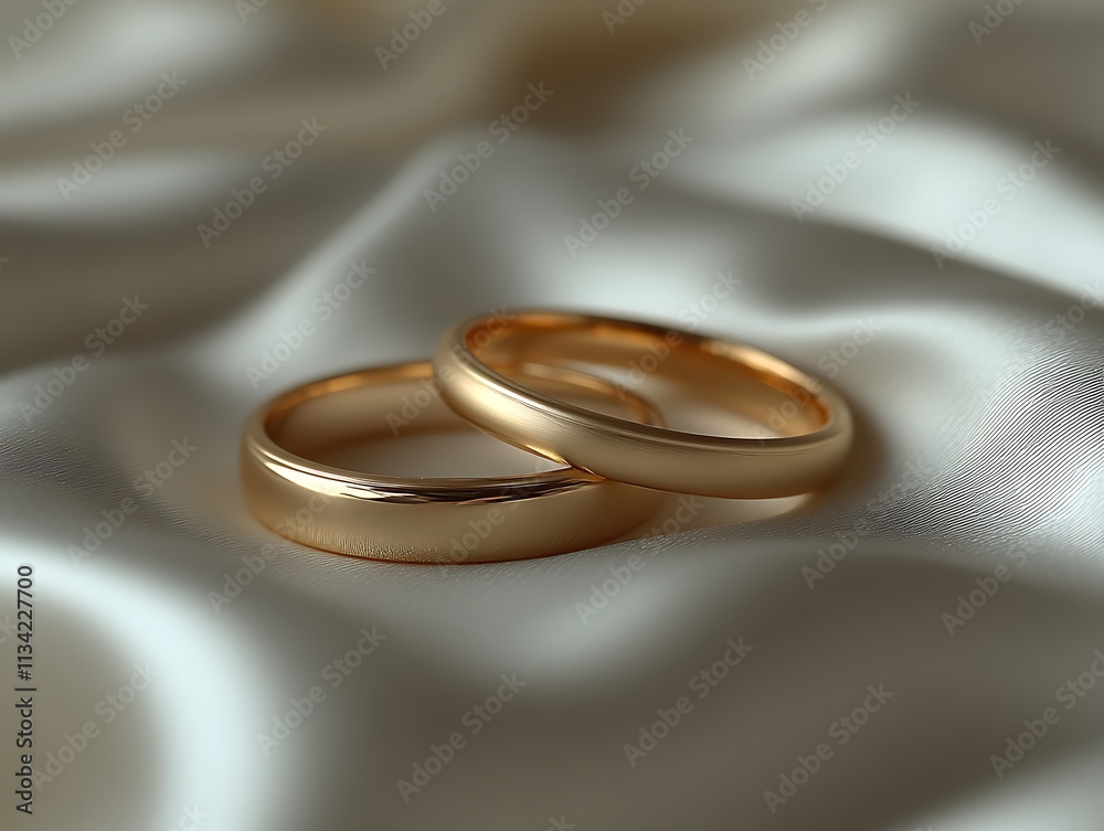 Two Gold Wedding Rings Resting on Satin Fabric