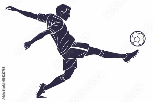 Soccer Player Kicking, Player mid-kick with one leg extended, arms for balance, and the ball nearby vector silhouette on a white background