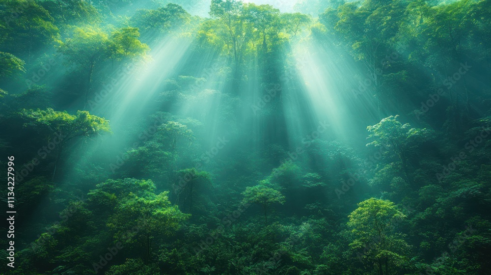 Fototapeta premium Serene forest scene with sunlight filtering through lush trees, creating a tranquil atmosphere.