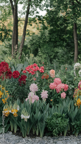 Wallpaper Mural A vibrant garden with various colorful flowers, including red, yellow, and orange blooms, surrounded by lush green foliage. Torontodigital.ca