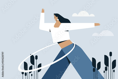 Young sporty woman doing hula hoop exercise in the outdoor