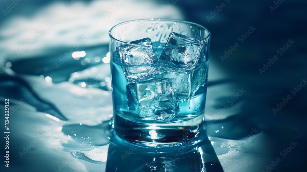 Clear Glass with Ice Cubes Filled with Water on Blue Surface Clear Glass with Ice Cubes Filled with Water on Blue Surface