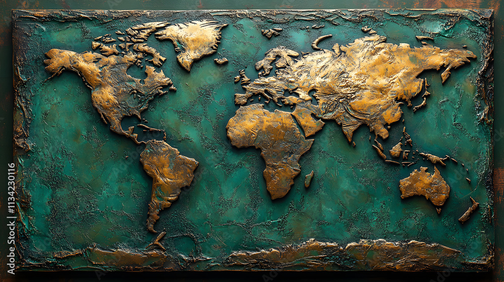 World map made of metal on a green background, showcasing a modern and sleek design, perfect for office or home decor.
World map made of metal on a green background, showcasing a modern and sleek design, perfect for office or home decor.