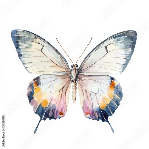 A delicate butterfly with intricate patterns and soft colors, showcasing its wings in a symmetrical display.
