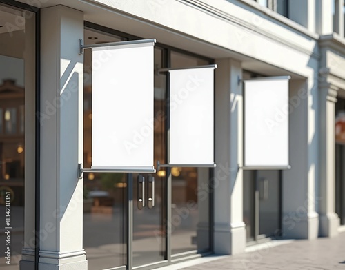 Blank white vertical banners on building facade design mockup Store flags mock up on the street Outdoor bannerets template on the side of the shop exterior Three signs hanging on the wall.  photo