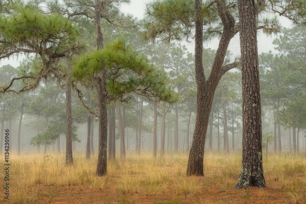 Misty Forest Scene with Tall Pine Trees and Soft Underbrush, Capturing a Serene and Tranquil Atmosphere in a Nature Landscape during Foggy Weather Misty Forest Scene with Tall Pine Trees and Soft Underbrush, Capturing a Serene and Tranquil Atmosphere in a Nature Landscape during Foggy Weather
