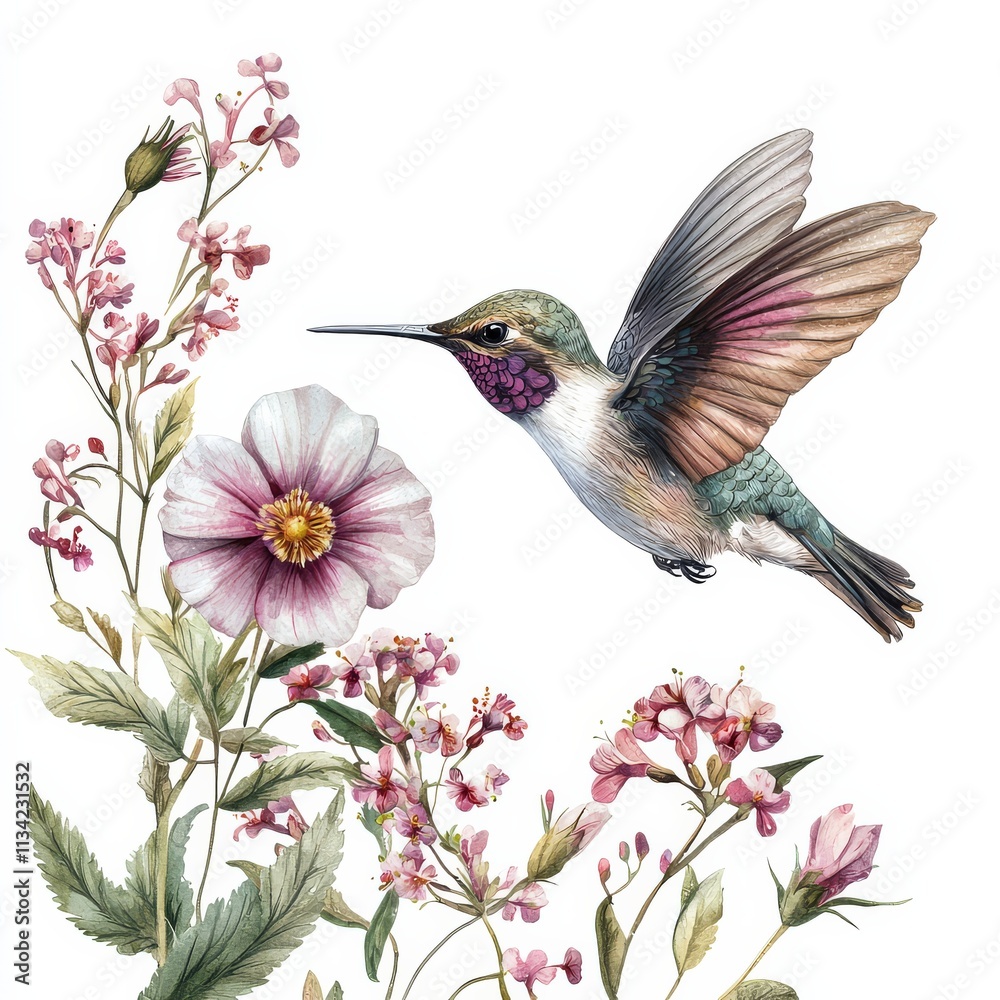 Fototapeta premium A colorful hummingbird hovers near delicate pink flowers, showcasing the beauty of nature and vibrant wildlife.