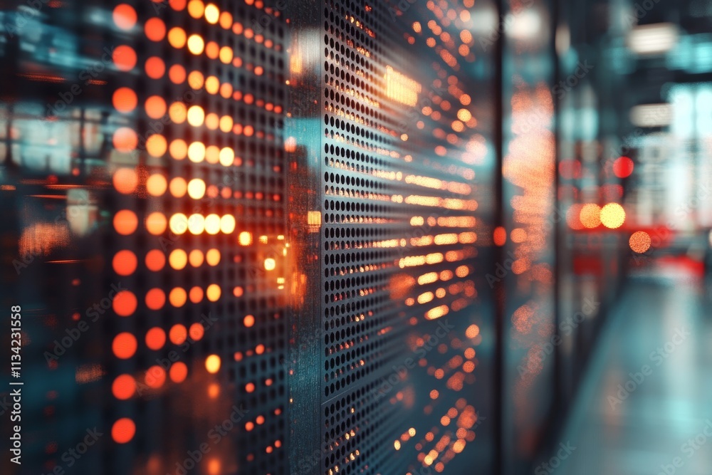 Obraz premium Illuminated wall featuring perforated metal with vibrant lights reflecting in the urban setting at dusk