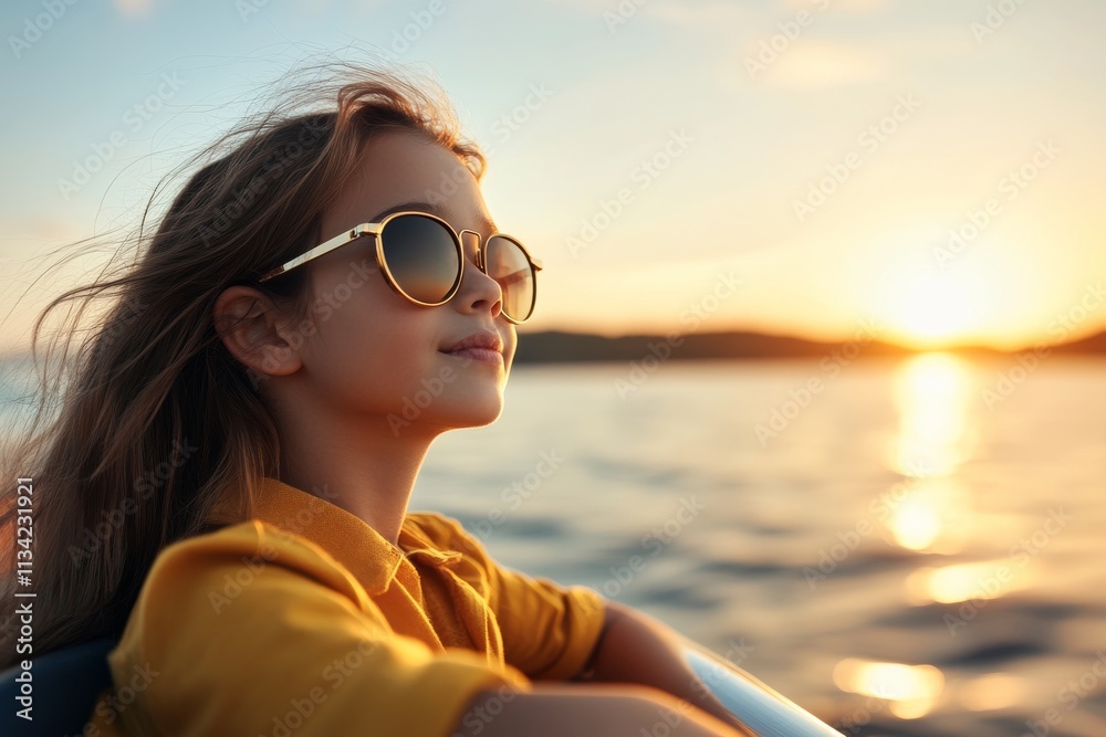 Young girl enjoys sunset on a boat with wind in her hair and sunglasses on a warm evening near the water Young girl enjoys sunset on a boat with wind in her hair and sunglasses on a warm evening near the water