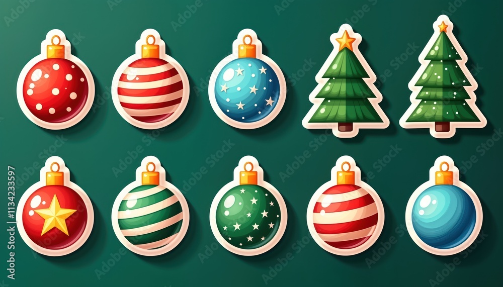 Naklejka premium Cartoon Christmas ornaments, trees on dark green background. Festive decorations include red baubles with polka dots, striped ornaments in red, white blue, white. Green Christmas trees with white