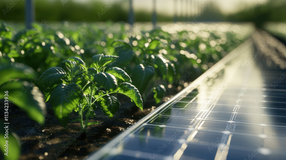 Solar panels on agricultural land with green nature in the background. Solar panels on agricultural land with green nature in the background.