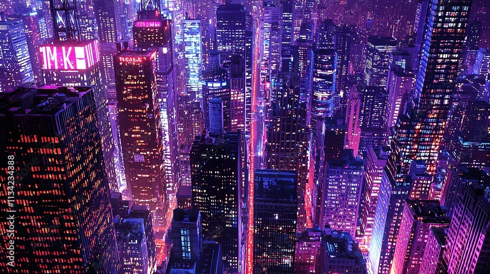 Retro Cityscape at Night: Grainy Neon-Lit Skyline Retro Cityscape at Night: Grainy Neon-Lit Skyline
