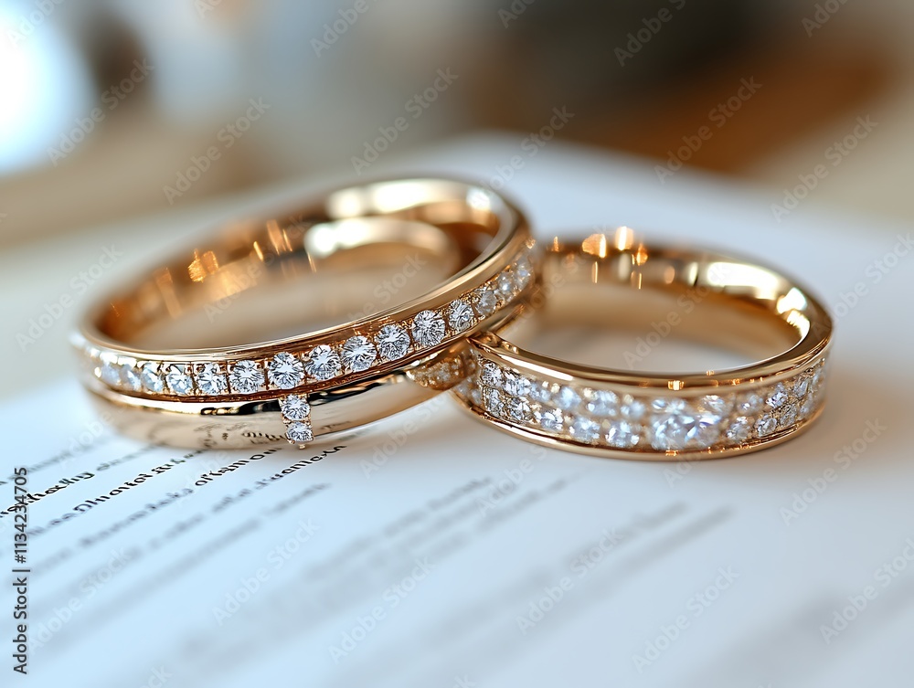 Two Diamond Wedding Rings Resting On Paper Two Diamond Wedding Rings Resting On Paper