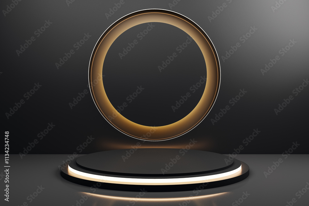 Modern black podium with circular golden backlit design on dark background. 3D Rendering Modern black podium with circular golden backlit design on dark background. 3D Rendering