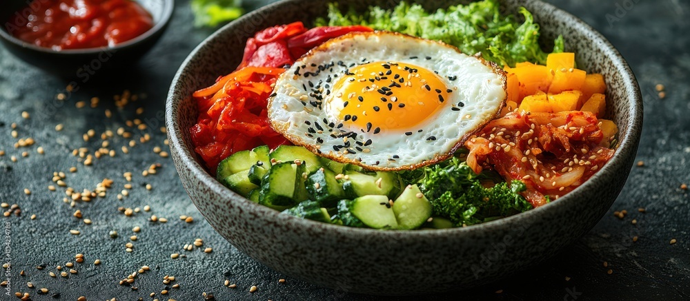 Delicious Bibimbap bowl with fried egg, kimchi, cucumber, carrot, and mango. Delicious Bibimbap bowl with fried egg, kimchi, cucumber, carrot, and mango.