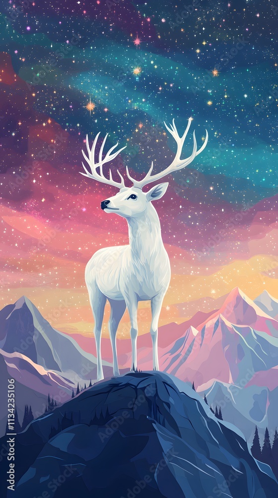 A majestic white deer with perfect antlers, on the mountain and the view of the stars in the beautiful sky