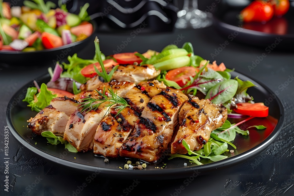 Grilled chicken breast with fresh salad and tomatoes on a black plate, isolated on a black background, ideal for healthy eating promotions, menus, or food photography projects Grilled chicken breast with fresh salad and tomatoes on a black plate, isolated on a black background, ideal for healthy eating promotions, menus, or food photography projects
