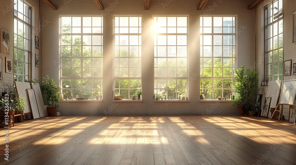 Wooden floor in a spacious, empty room with a large window offering a view of a garden Wooden floor in a spacious, empty room with a large window offering a view of a garden
