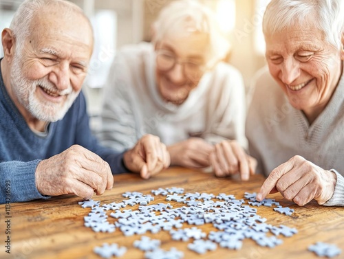 Three seniors joyfully assembling a puzzle together at a cozy table. photo