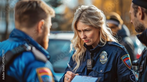 Female police officer taking notes, talking to colleagues at accident scene.