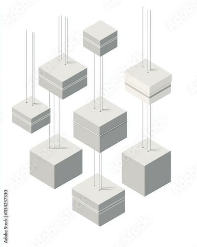 Vector-illustrated light gray packaging boxes with hanging templates on a clean white background.
