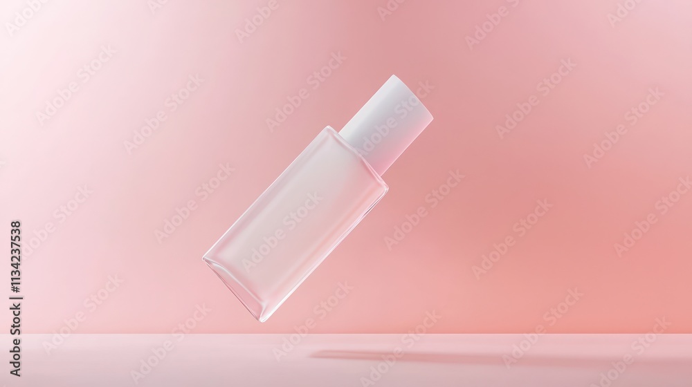 Two frosted glass face cream bottles suspended against a soft, pastel pink background. Two frosted glass face cream bottles suspended against a soft, pastel pink background.