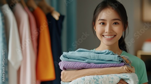 Portrait of a beautiful and happy young woman holding a pile of clothes inside the house. Housewife tidying up clothes photo