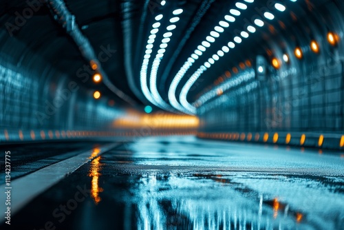 Reflections and lights illuminate a wet tunnel in an urban environment at night