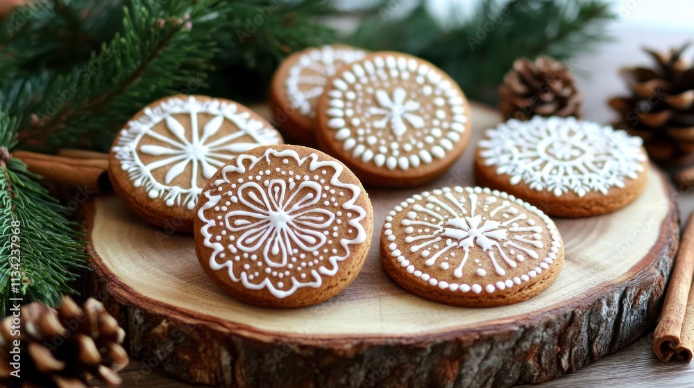 Festive gingerbread cookies decorated with intricate icing patterns on a wooden board, surrounded by pine branches and pinecones.. Festive gingerbread cookies decorated with intricate icing patterns on a wooden board, surrounded by pine branches and pinecones..