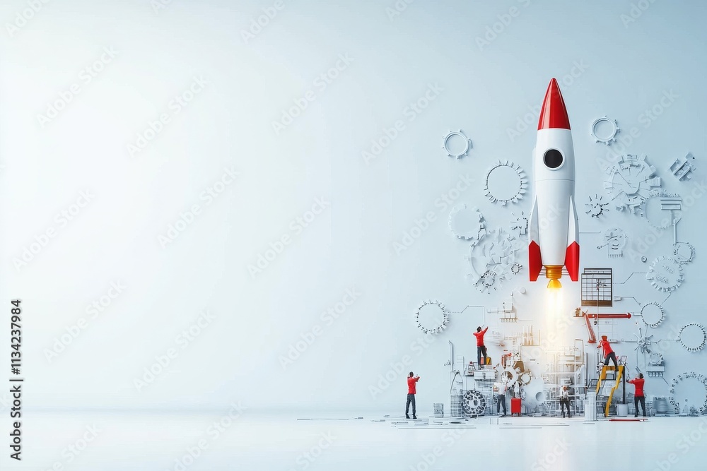 Fototapeta premium Innovative team launching a rocket through teamwork and engineering ideas in a modern workspace