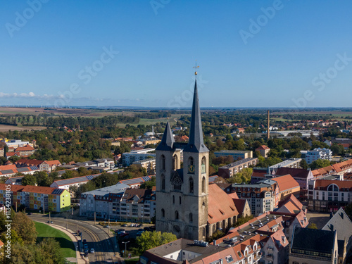 Aerial view of the St. Martini church in the center of Halberstadt in Saxony-Anhalt