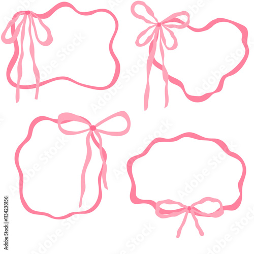 set of pink ribbon frames with wavy edges and bow decorations in various shapes